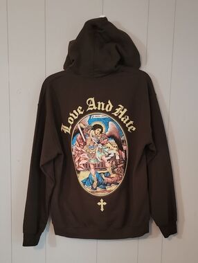 Poison Love And Hate Men's Pullover Hoodie Medium Brown Graphic Long Sleeve